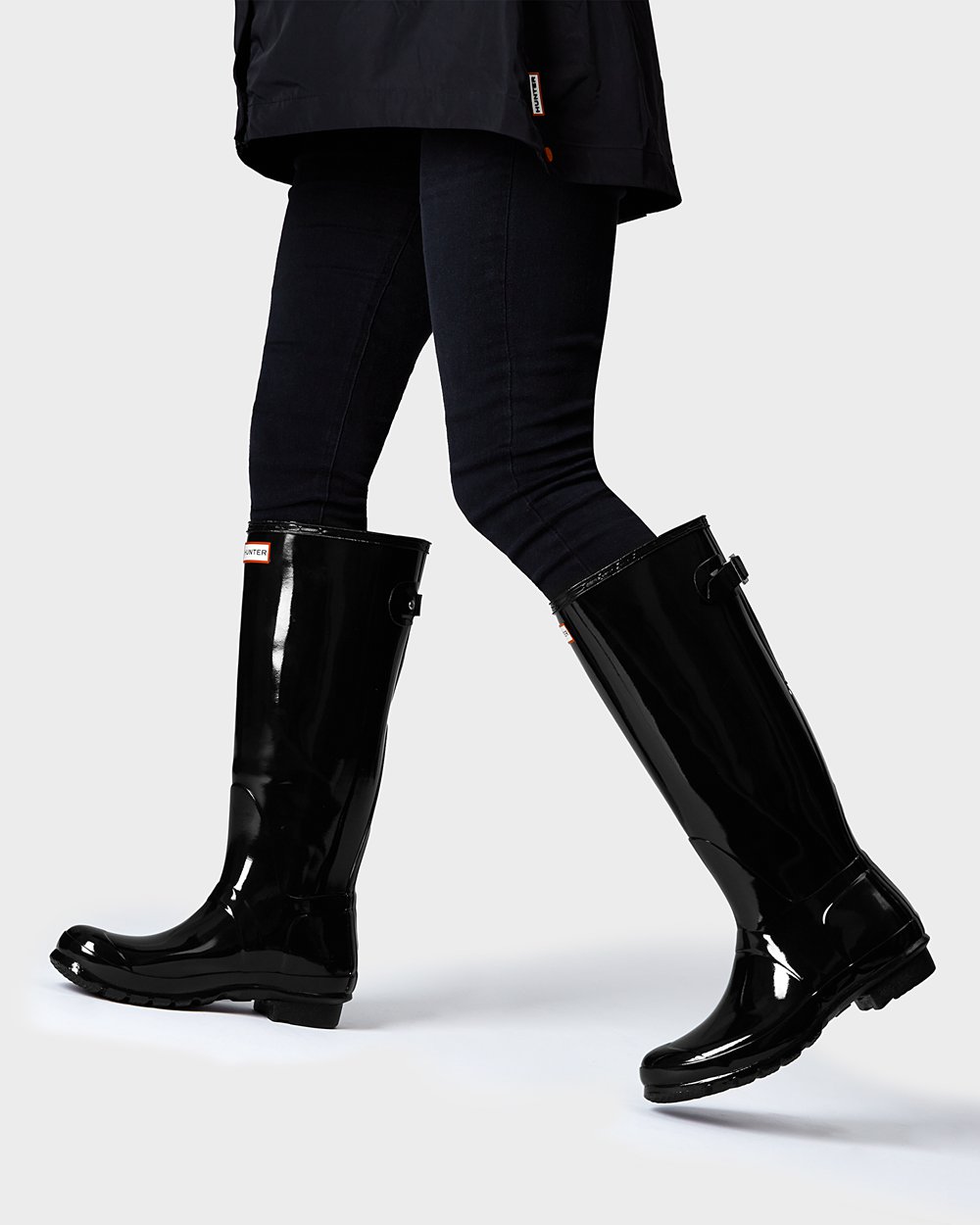 Womens Tall Rain Boots - Hunter Original Back Adjustable Gloss (64ZJSTHAK) - Black